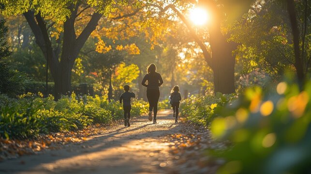 A woman and two children are running on a path in a park. Generative AI