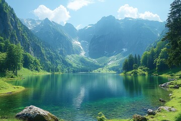 Fototapeta premium Crystal clear lake nestled in mountain valley. A stunning landscape photo perfect for travel brochures, nature documentaries, and any project needing a serene, majestic scene.