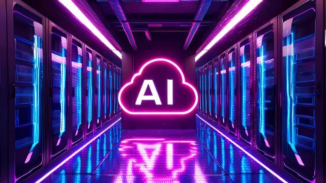 Neon AI logo glowing on a server room wall.