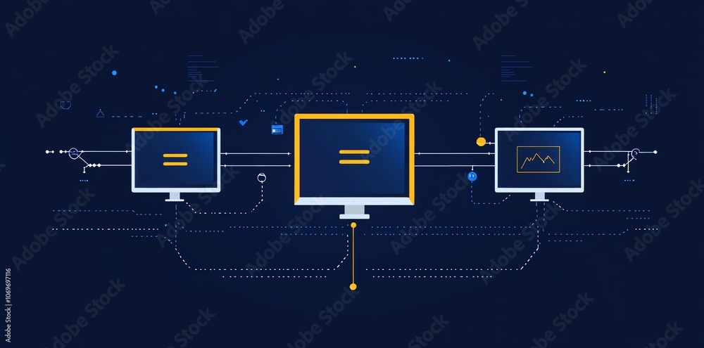 Leinwandbilder Three computer monitors connected by lines with digital elements in background.