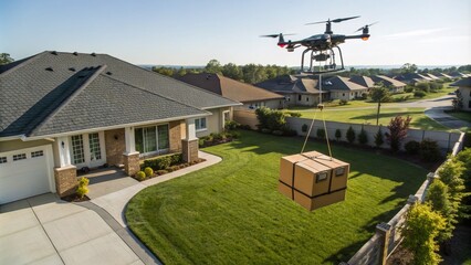 Fototapeta premium Aerial View of High-Tech Drone Delivering Package to Suburban Home with Green Lawn and Modern Architecture in a Sunny Neighborhood