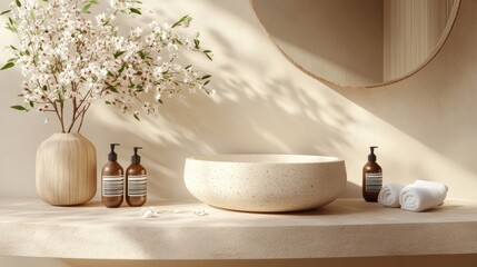 Minimalist Bathroom Countertop with White Flowers, Round Sink, and Towels
