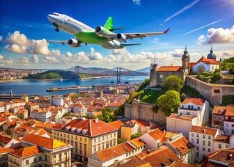 Aerial View of Lisbon with Airbus A320214 in the Sky – A Stunning Drone Capture Showcasing TAP Air Portugal Flight Over the Beautiful Cityscape of Lisbon, March 25, 2023