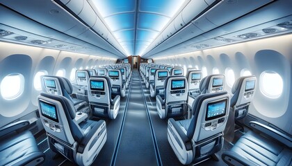 Obraz premium Interior of a modern passenger plane aircraft airplane interior.