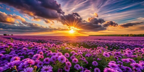 Fototapeta premium Aerial View of Vibrant Purple Flowers in Full Bloom Against the Backdrop of a Stunning Orange Sunset, Capturing the Beauty of Nature's Colors and Serenity in a Breathtaking Landscape