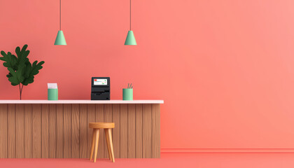 A minimalist interior featuring a coral wall, a wooden counter, and green pendant lights, creating a modern and inviting atmosphere.