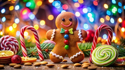 Obraz premium A Joyous Gingerbread Man Amidst a Festive Array of Colorful Sweets Perfect for Christmas and New Year Celebrations, Radiating Holiday Cheer and Whimsy in Every Detail