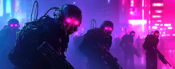 Fototapeta premium Cybernetic Undead Marching, mechanical arms, glowing circuits, futuristic cityscape, neon fog, watercolor effect, eerie atmosphere, dystopian vibe