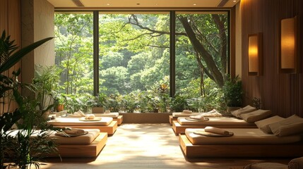 A tranquil wellness room featuring wooden beds and large windows showcasing a lush green garden.