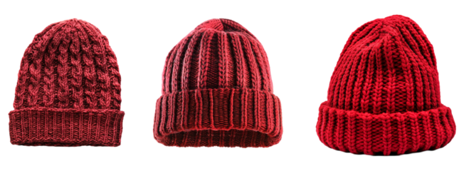 Set of red winter hats isolated on transparent background