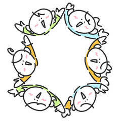 笑顔で上を見上げて輪になる女性達　手描きイラスト