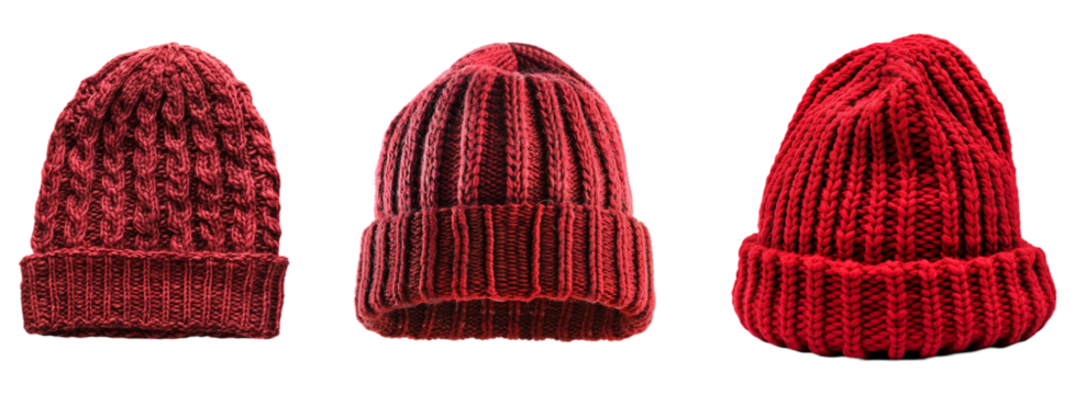 Set of red winter hats isolated on transparent background