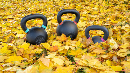heavy exercise kettlebells in fall color leaves - outdoor fitness concept