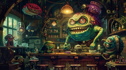 Fototapeta premium Fantasy Creature Bar: A Surreal Scene of Monsters Enjoying Drinks