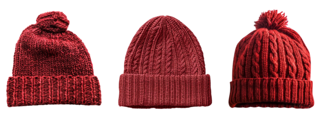Set of red winter hats isolated on transparent background