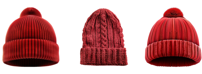 Set of red winter hats isolated on transparent background