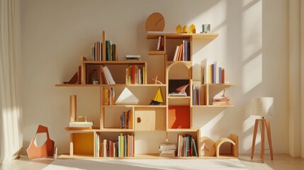 Modern Wooden Bookshelf with Colorful Decor Elements