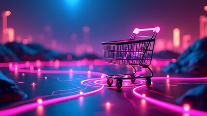 Shopping cart on a digital landscape with neon lights, symbolizing futuristic online shopping and e-commerce in a tech-driven world. Ideal for illustrating modern digital retail trends.