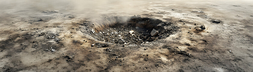Fototapeta premium A Crater Filled with Smoke and Rocks in a Dry and Dusty Landscape