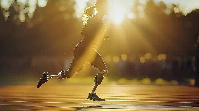 Female athlete with prosthetic leg sprinting on track at sunset.