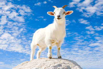 Fototapeta premium A playful goat standing on a rock with a curious expression, set against a rugged outdoor backdrop