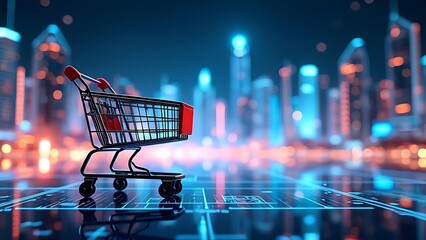 Shopping cart on a holographic cityscape background, representing futuristic e-commerce and digital retail in a high-tech urban environment. Perfect for showcasing innovation in online shopping.
