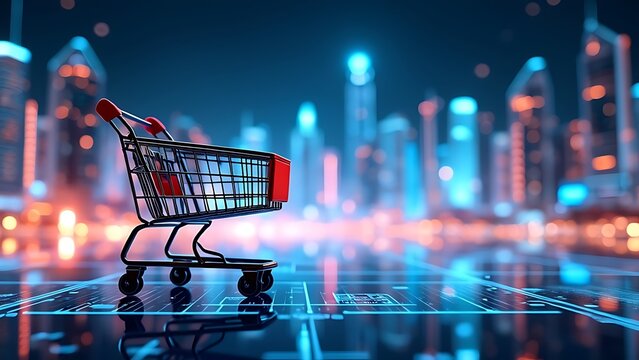 Shopping cart on a holographic cityscape background, representing futuristic e-commerce and digital retail in a high-tech urban environment. Perfect for showcasing innovation in online shopping.