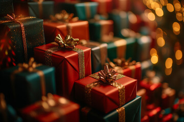 Front view of a stack of beautifully wrapped gift boxes in red, green, and gold, arranged neatly with a subtle sparkling bokeh effect in the background, warm, cozy and inviting atmosphere.
