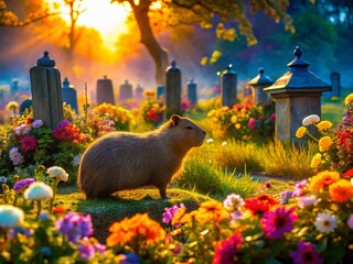 A Whimsical Capybara Surrounded by Colorful Flowers and Gravestones in a Mystical Atmosphere – Artistic Silhouette Photography
