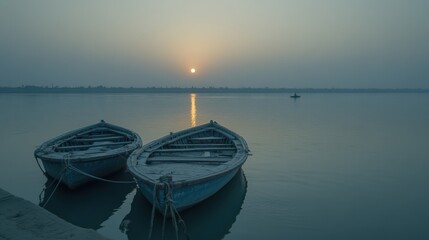 Fototapeta premium A serene shot of the Varanasi Ghats at sunrise, showcasing the spiritual architecture and vibrant rituals that define this sacred city
