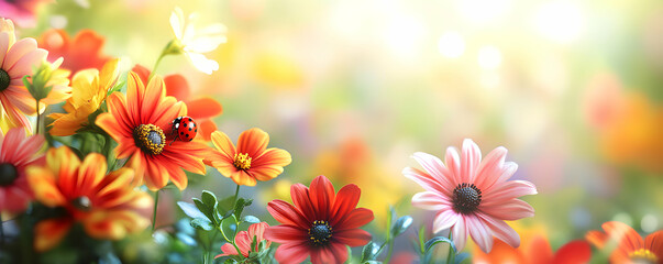 Vibrant Blooms with Ladybug in a Sunny Meadow