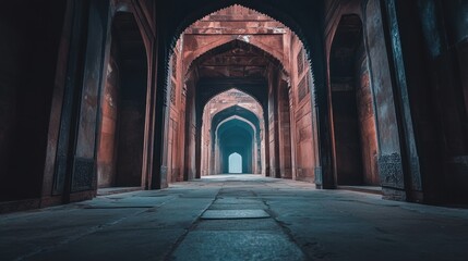 Fototapeta premium A serene view of the historical ruins of the Fatehpur Sikri, showcasing its impressive Mughal architecture and beautiful red sandstone structures