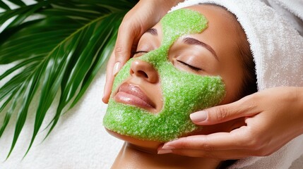 Obraz premium A Rejuvenating Facial Treatment With a Green Mask at a Spa, Showcasing a Woman Relaxing Under Soothing Conditions Surrounded by Tropical Plants
