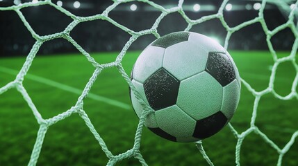 A Soccer Ball Strikes the Net During an Intense Match at a Professional Stadium Under Bright Floodlights, Capturing the Thrill of the Moment on a Vibrant Green Pitch