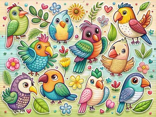 Obraz premium Big Set of Cute Exotic Birds Illustration for Stickers, Pins, Patches, and Handwritten Notes Collection - Colorful and Playful Designs for Creative Projects