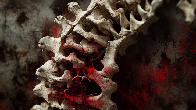 2410_064.magnified view of vertebral compression injury, photorealistic bone rendering, intense red coloration for fracture, soft tissue hints, dark earthy backdrop, educational anatomy diagram style