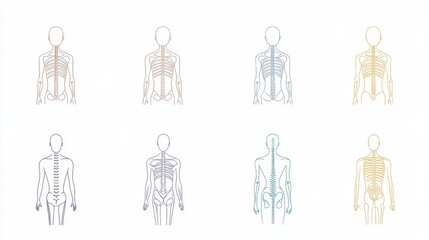 2410_056.minimalist chiropractic icon set, thin line drawings, simple human figures, spine diagrams, pastel color accents, white background, medical illustration style, editable stroke design,