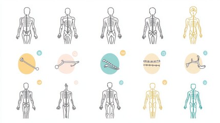 Fototapeta premium 2410_056.minimalist chiropractic icon set, thin line drawings, simple human figures, spine diagrams, pastel color accents, white background, medical illustration style, editable stroke design,
