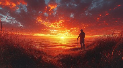 Obraz premium Golfer Teeing Off Against Dramatic Sunset Background