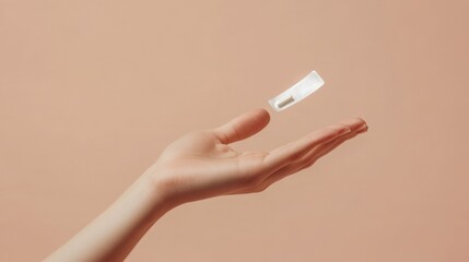 2410_088.delicate fingers holding medication packet, white pill resting on open palm, neutral color palette, minimalist composition, wellness stock photo