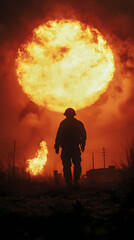 Fototapeta premium Silhouette of a Firefighter Walking Towards a Massive Fireball in the Sky