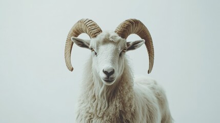 Goat with large horns in field