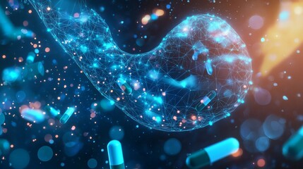 2410_100.ethereal polygonal stomach silhouette, cerulean pill assortment, radiant nodal connections, abyssal space setting, avant-garde medical concept art