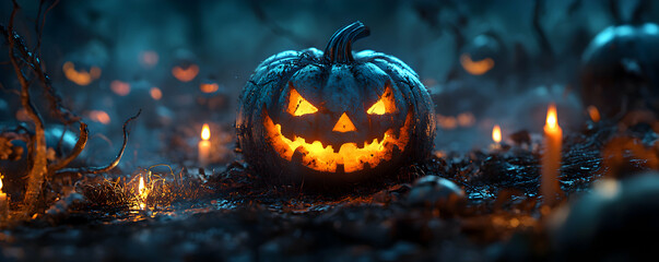 Fototapeta premium A Glowing Jack-o'-Lantern Sits Among Burning Candles in a Spooky Forest Setting