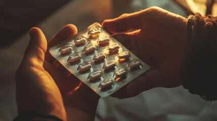 2410_089.intimate view of personal healthcare, hands manipulating blister pack, lone capsule in hand, muted warm tones, domestic setting, documentary style