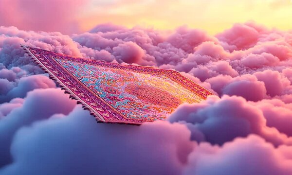 Vibrant Magic Carpet Floating Above Pink Clouds at Enchanting Sunset Sky