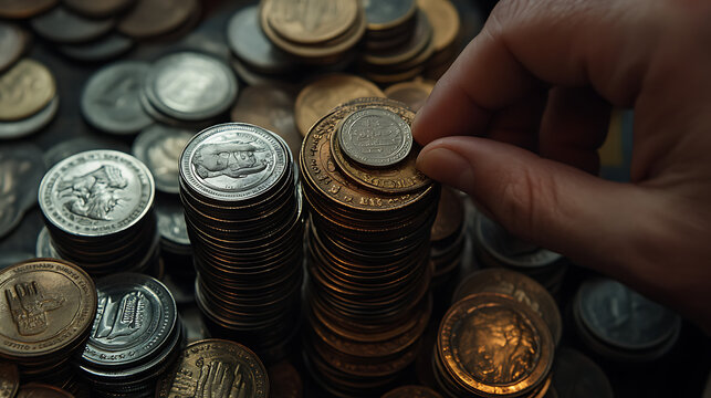 Collection of coins and bills stacking up, hand counting, 8k, hyper realistic, real life based.