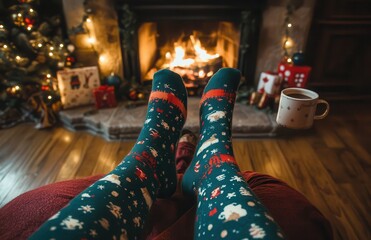 Cozy scene by the fireplace with festive socks, a Christmas tree, and warm ambiance, perfect for holiday relaxation.