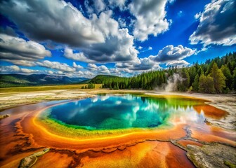 Breathtaking View of Vibrant Hot Spring Geyser Basin in Yellowstone National Park with Colorful Steaming Waters and Natural Landscape in Cinematic 4K Quality