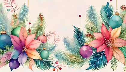 Watercolor painting of a Christmas tree with a blue and pink ornament. The tree is surrounded by green leaves and pink flowers.